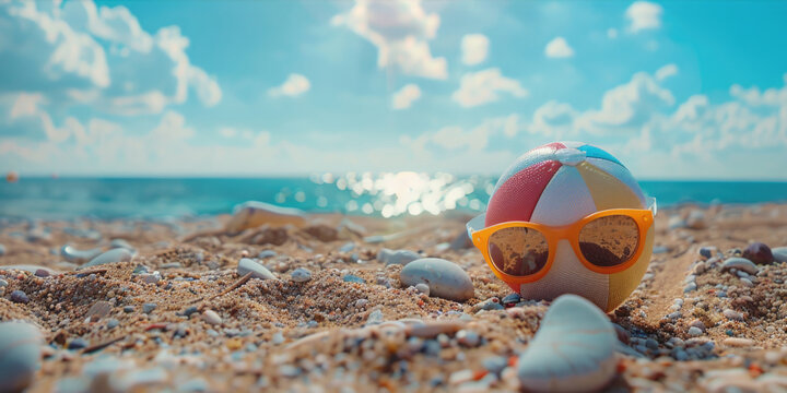 A beach ball with sunglasses on it is sitting on the sand. The scene is bright and sunny, with the ocean in the background. The beach ball and sunglasses give a playful and fun vibe to the image