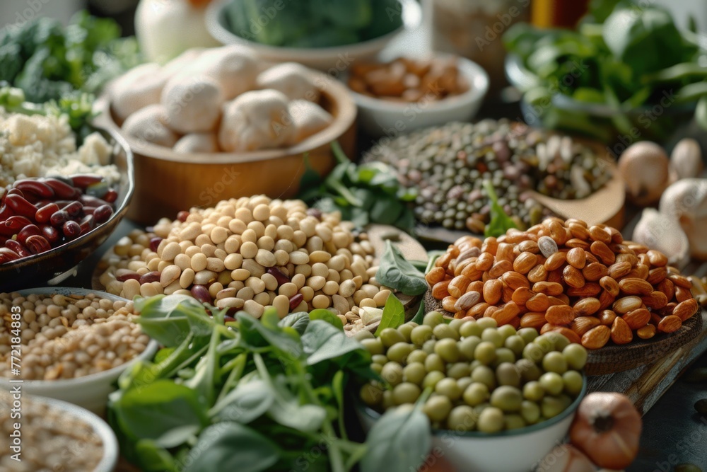 Poster a variety of nuts and beans are displayed on a table. the beans are in different colors and sizes, a