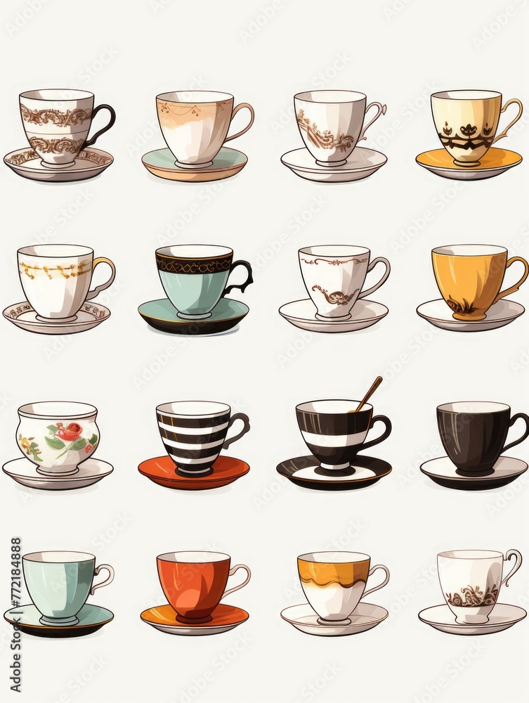 Poster a collection of cups and saucers with various designs and colors. the cups are arranged in a grid pa
