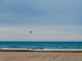 Kiteboarding or kitesurfing in Mediterranian cost of Spain, El Grao de Castellon, Valencia, Spain