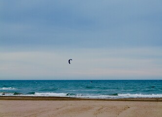 Kiteboarding or kitesurfing in Mediterranian cost of Spain, El Grao de Castellon, Valencia, Spain