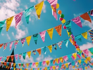 A colorful banner with many flags hanging from the sky. The flags are of different colors and sizes, and they are all hanging from the same point. The sky is blue and clear