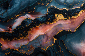 Abstract background, dark blue and pink marble with gold veins, fluid shapes, in the style of gold veins. Created with Ai