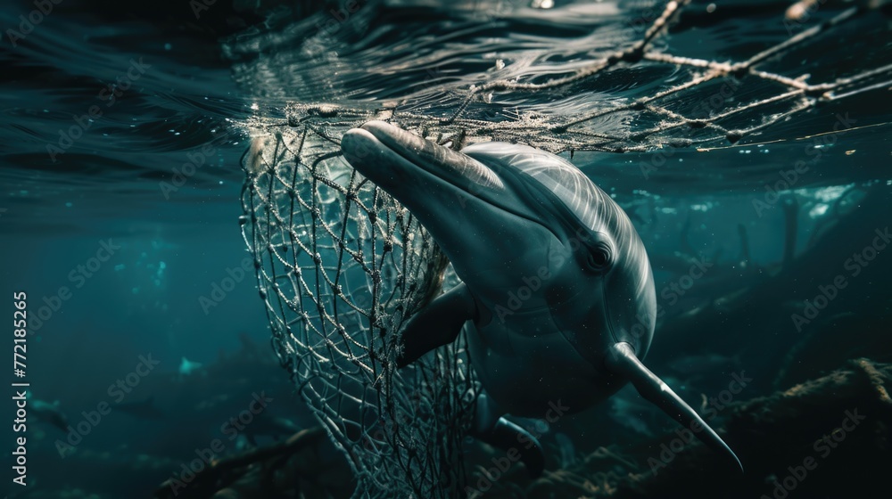 Poster a dolphin is swimming in the ocean with a net around its mouth. the net is made of plastic and is li