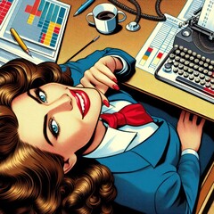 Top view of beautiful attractive long-haired secretary at desk in office - obrazy, fototapety, plakaty