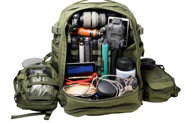 A vibrant backpack overflowing with a myriad of diverse items, creating a sense of abundance and variety