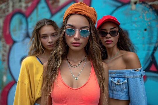 Streetwear Fashion Graffiti Backdrop Models posing in streetwear fashion against a vibrant graffiti backdrop