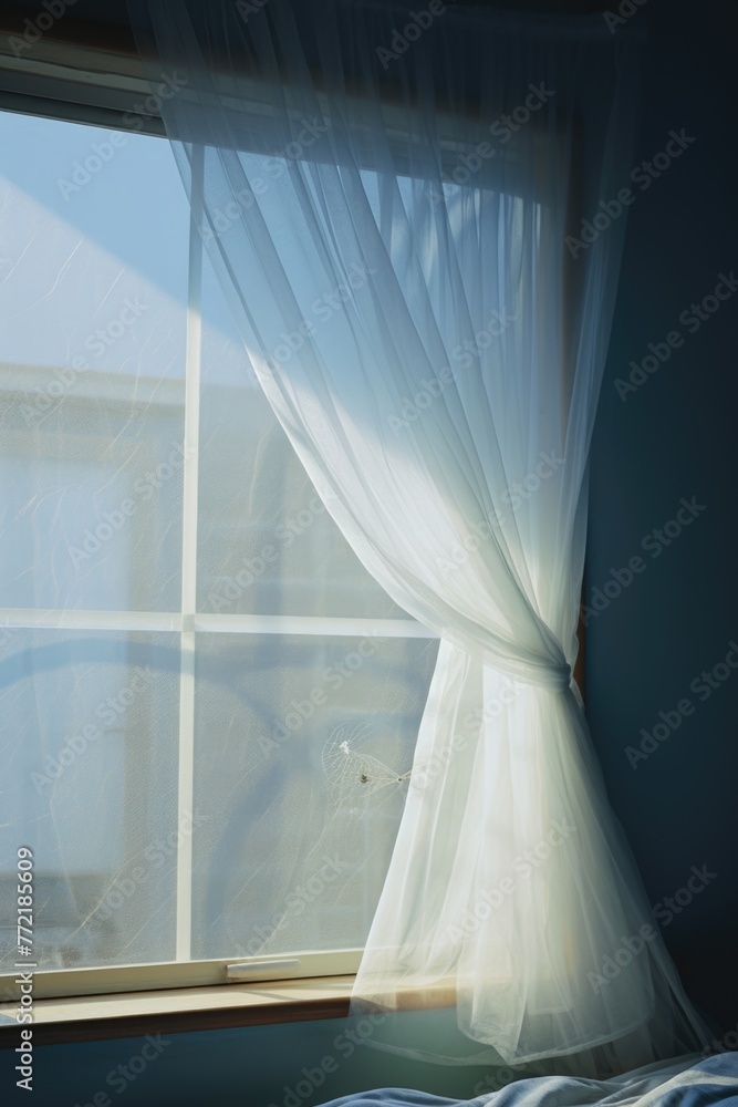 Poster A window with a white curtain is open, letting in the sunlight. The curtain is white and flowing, creating a sense of calm and serenity. The sunlight streaming through the window adds warmth