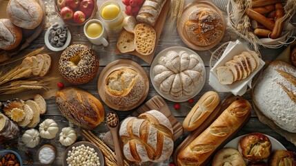 A table full of bread and other baked goods. The bread is of different shapes and sizes, and there are also some fruits and nuts on the table. Scene is warm and inviting