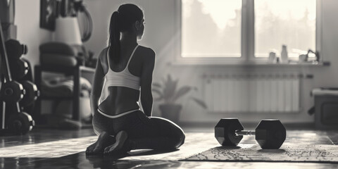 A woman is sitting on the floor with a dumbbell in front of her. She is wearing a white tank top and black pants - obrazy, fototapety, plakaty
