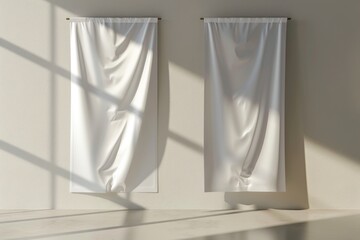 Two white curtains hanging in a room with sunlight shining through them. The curtains are white and flow in the sunlight, creating a peaceful and serene atmosphere