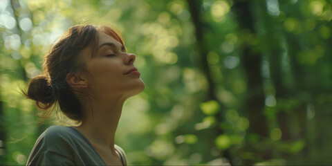 Fototapeta premium A woman is sitting in a forest, looking up at the sky. She is smiling and she is in a peaceful and relaxed state