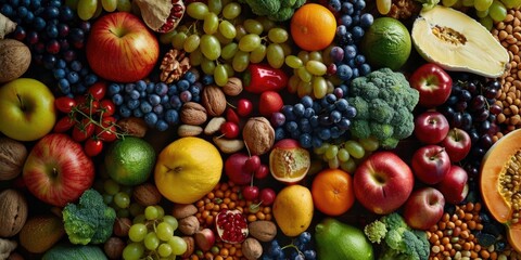 A colorful assortment of fruits and vegetables, including apples, oranges, grapes, and broccoli. Concept of abundance and freshness, showcasing the variety of healthy foods available