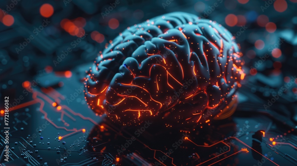 Poster a brain is shown on a computer chip. the brain is glowing with orange lights. concept of technology 