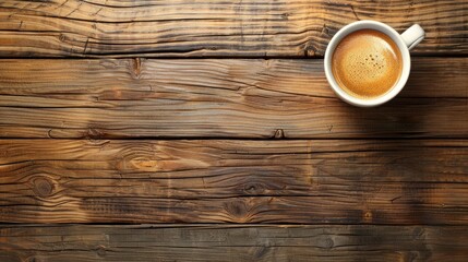 Top view of a frothy cup of coffee on a rustic wooden table with distinctive wood grain patterns and warm tones.