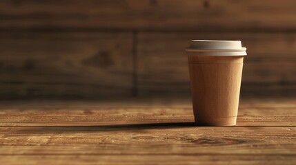 Fototapeta na wymiar A takeaway coffee cup stands alone on a textured wooden surface, illuminated by soft light, evoking a quiet morning vibe.