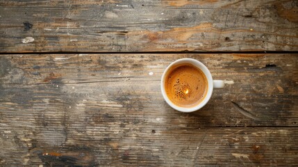 Top view of a freshly brewed espresso in a white cup on a rustic, worn wooden table, showcasing rich textures and coffee's robust essence. - obrazy, fototapety, plakaty