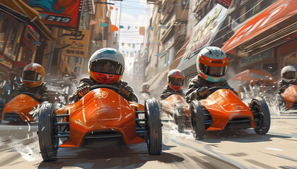 racing dreams through the streets. kids in wheels over the helmets  - obrazy, fototapety, plakaty
