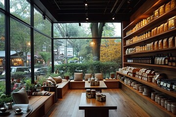 Tea Shop Serenity A tea shop with shelves of diverse teas and cozy seating for tea enthusiasts - obrazy, fototapety, plakaty