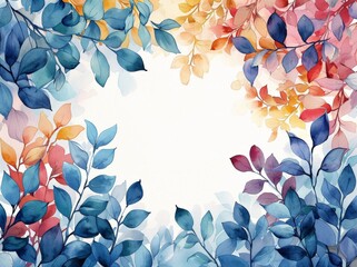 Colorful Fall Leaves Watercolor Painting on White Background with Copy Space for Text