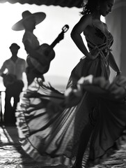A woman in a long dress is dancing with a man and a guitar player
