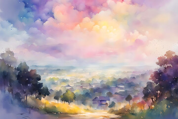 Watercolor landscape of a rural valley with pink clouds. A romantic environment
