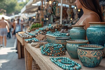 Urban Street Market Crafts Craft stalls at an urban street market offering handmade jewelry, ceramics, and more