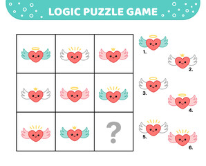 Logic puzzle game. Flying hearts. For kids. Cartoon