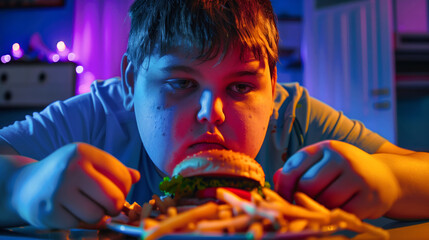 An extreme obese teenager eating junk fast food and living a sedentary life with bad health habits - obrazy, fototapety, plakaty