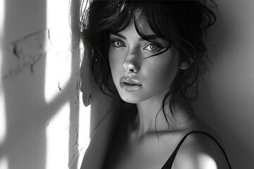 Visualize a classic black and white fashion editorial with timeless elegance and dramatic lighting