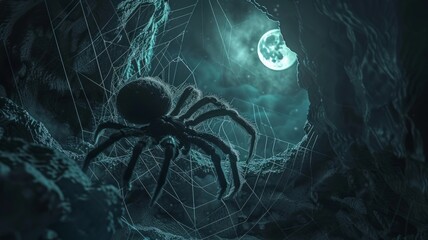 Sinister Spider Silhouetted Against Glowing Moonlit Cave