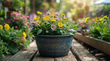 Fototapeta na wymiar flower pot against sunlight, home backyard springtime flower bed gardening concept, tranquil sustainable, generative Ai