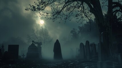 Spooky Graveyard Shrouded in Mysterious Fog and Shadows with Towering Tombstones and Ominous Atmosphere - obrazy, fototapety, plakaty