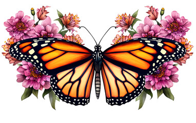 Obraz premium A vibrant butterfly gracefully displays intricate pink flowers on its delicate wings