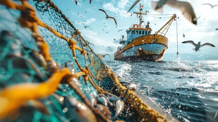 A fishing schooner with a group of industrial fishermen using large nets to search for a school of fish in the open sea, illustrating the process of catching fish for commercial purposes. - obrazy, fototapety, plakaty