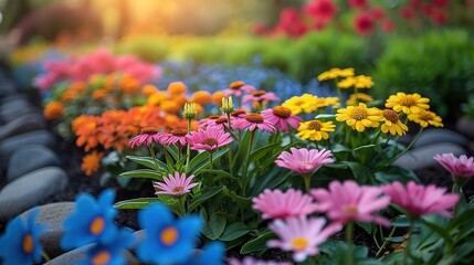 colorful daisy flowers blossoming in bed, home backyard springtime flower bed gardening concept, tranquil sustainable, generative Ai