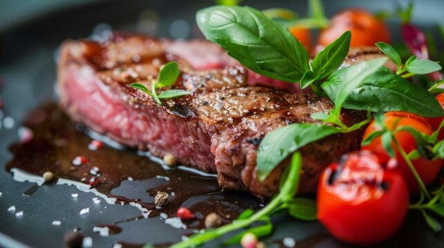 Succulent Seared Steak with Fresh Herbs and Roasted Tomatoes - A Culinary Delight for Discerning Palates