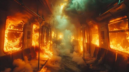 Fototapete Rund A devastating fire engulfs a passenger train in a tragic subway car disaster. Smoke and flames billow from the train as emergency responders rush to the scene © Dmitry