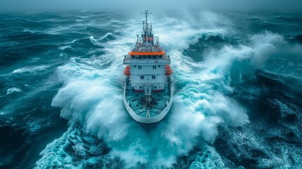 Delve into the sight of a diminutive vessel trapped in a fierce ocean storm. Impeded by tumultuous waves and gusty winds in choppy waters. - obrazy, fototapety, plakaty
