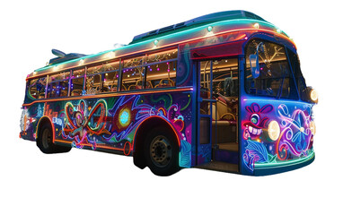 Whimsical Fairy Tale Bus with Colorful Murals on transparent background.