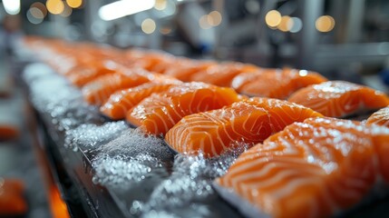 Close-up of a fresh salmon fillet on a conveyor belt in a fish processing plant. The conveyor belt is moving the fillet along the processing line. Industrial food production concept