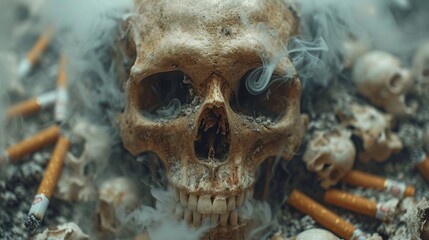 Showcase of a human skull surrounded by cigarette butts, vividly portraying the health risks associated with smoking and its detrimental effects.