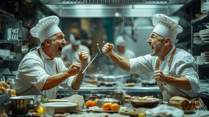 Two chefs engage in heated arguments and yelling. Conflict between restaurant staff members leading to a dramatic showdown between them.