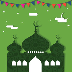 Holy month of Muslim community, Ramadan Kareem celebration with floral mosque on stars and moon decorated background.