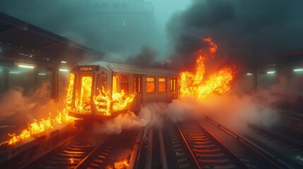 A passenger train disaster unfolds as smoke and flames engulf a subway car, resulting in a devastating fire tragedy.