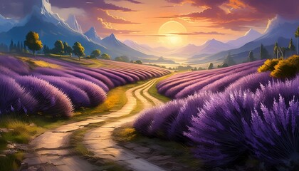 A old road passing through lavender fields on either sides, morning light, golden hour Ai Generated
