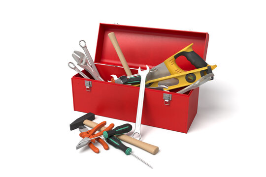 Red toolbox with tools inside and out