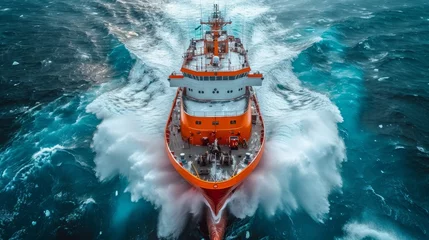 Fotobehang A ship on an expedition in Arctic waters, encircled by immense ice floes. The serene atmosphere amidst the icy waters evokes a sense of adventure and discovery. © Dmitry