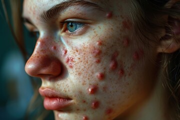 A close-up depiction of a young woman showcasing severe acne, skin troubles, and hints of vitamin deficiency. Her pained expression mirrors the struggles of managing skin ailments.
