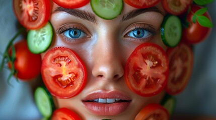 A woman with tomato and cucumber slices covering her face for a skincare treatment